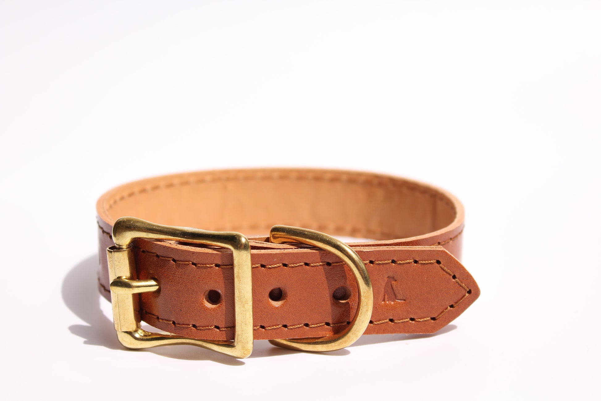 Luxurious caramel leather dog collar with golden brass hardware, showcasing exquisite craftsmanship and timeless elegance